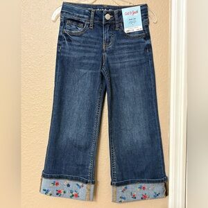 Girls Wide Leg Blue Jeans with Flower Embroidery Size 4